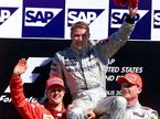 Михаэль Шумахер, Мика Хаккинен и Дэвид Култхард на подиуме в Гран При США 2001 года
