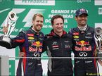 Себастьян Феттель, Кристиан Хорнер и Марк Уэббер на подиуме Гран При Бразилии