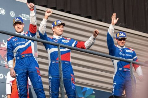 Стоффель Вандорн, Виталий Петров и Михаил Алёшин на подиуме в Спа, фото SMP Racing